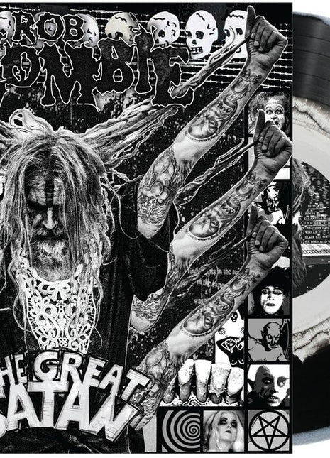 the album cover for Rob Zombie - The Great Satan [Indie Exclusive Black and White Swirl Vinyl]