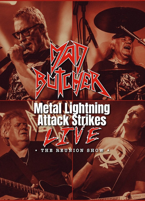 the album cover for mad butcher - Metal Lightning Attack Strikes Live - Reunion