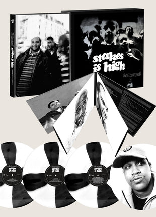 the album cover for De La Soul - Stakes Is High - 30th Anniversary [Black and White Spoke Effect + print of Dave]