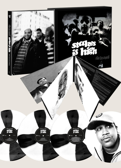 the album cover for De La Soul - Stakes Is High - 30th Anniversary [Black and White Spoke Effect + print of Dave]