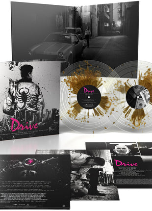 the album cover for Cliff Martinez - Drive: Original Motion Picture Soundtrack - 15th Anniversary [Gold Splatter On Clear]