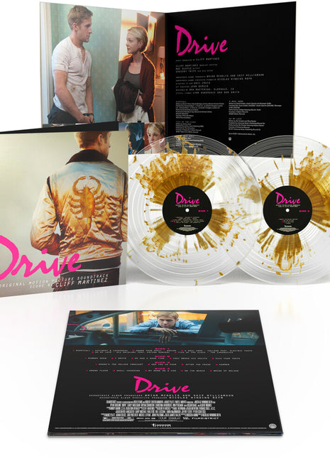 the album cover for Cliff Martinez - Drive: Original Motion Picture Soundtrack - 15th Anniversary [Gold Splatter On Clear]