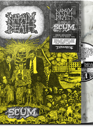 the album cover for Napalm Death - Scum - 40th Anniversary [Indie Exclusive Black and White Marble]
