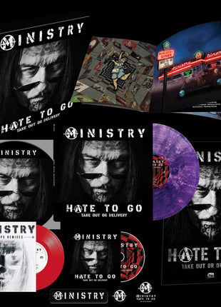 the album cover for Ministry - Hate To Go - Take Out Or Delivery [Deluxe Box - Purple/Black Marble]