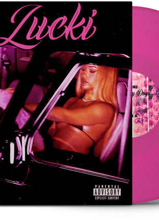 the album cover for Lucki - S-X M-Ney Dr-Gs [Indie Exclusive] Neon Pink Glitter [Colored Vinyl]