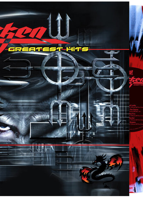 the album cover for Dokken - Greatest Hits - [Black Clear Red White Haze Splatter]