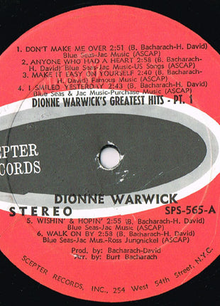 Dionne Warwick : Dionne Warwick's Golden Hits - Part One (LP, Comp, Kee)