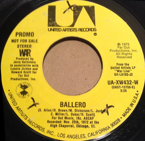War : Ballero  (7", Mono, Promo, Styrene, All)