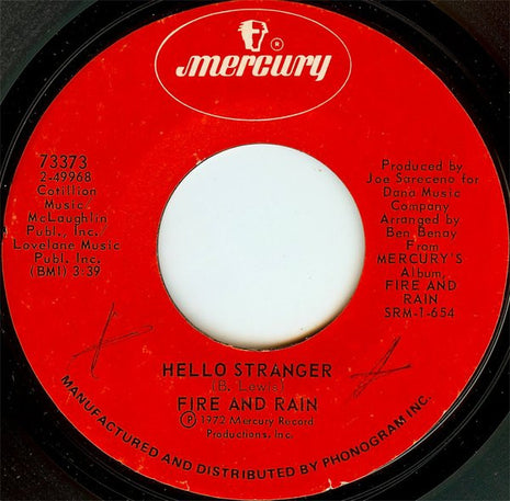Fire & Rain : Hello Stranger / Somebody To Love (7", Single, Styrene)