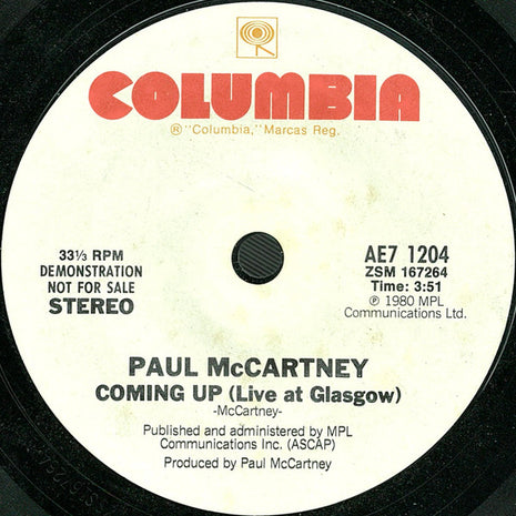 Paul McCartney : Coming Up (Live At Glasgow) (7", S/Sided, Promo, Ter)