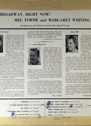 Mel Tormé & Margaret Whiting : Broadway, Right Now! (LP)