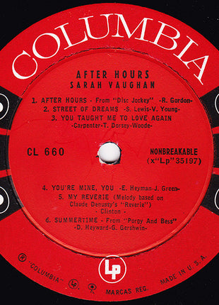 Sarah Vaughan : After Hours (LP, Comp, Mono, RP)