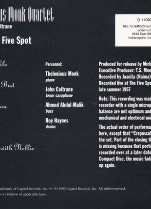 The Thelonious Monk Quartet Featuring John Coltrane : Live At The Five Spot Discovery! (CD, Album, Club)