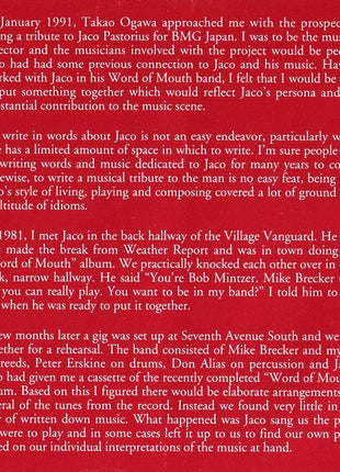 Bob Mintzer, Michael Formanek, Jeff Andrews, Peter Erskine : I Remember Jaco (CD, Album)