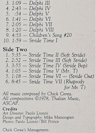 Chick Corea : Delphi 1 Solo Piano Improvisations (LP, Album, Pit)