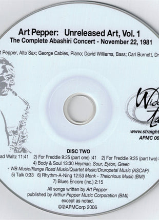 Art Pepper : Unreleased Art, Vol. 1 The Complete Abashiri Concert - November 22, 1981 (2xCD, Album)