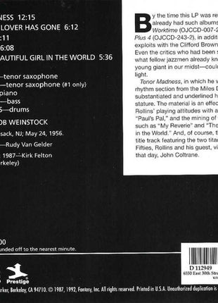 Sonny Rollins Quartet : Tenor Madness (CD, Album, Club, RE, RM)