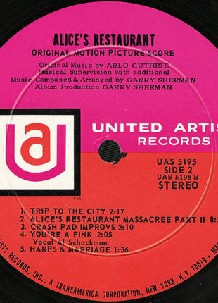 Arlo Guthrie, Garry Sherman : Alice's Restaurant (Original Motion Picture Score) (LP, Album)