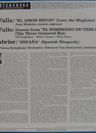 Manuel De Falla, Emmanuel Chabrier, Jean Madeira, Wiener Symphoniker, Edouard Van Remoortel : De Falla: El Amor Brujo, El Sombrero De Tres Picos; Chabrier: España (LP)