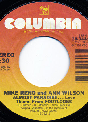 Mike Reno And Ann Wilson : Almost Paradise... (Love Theme From Footloose) (7", Single, Styrene, Pit)