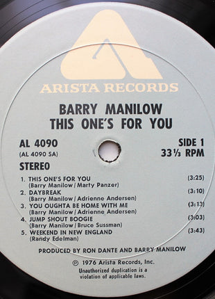 Barry Manilow : This One's For You (LP, Album, Wad)