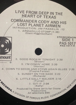 Commander Cody And His Lost Planet Airmen : Live From Deep In The Heart Of Texas (LP, Album, Mon)