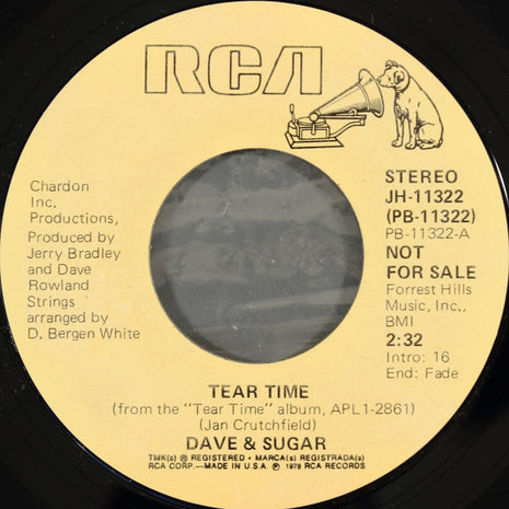 Dave And Sugar : Tear Time (7", Mono, Promo, Styrene)