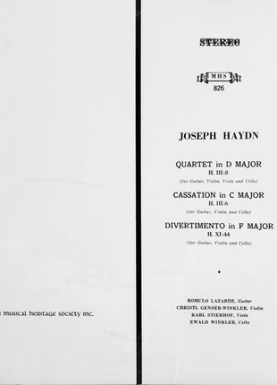 Romulo Lazarde, Christl Genser-Winkler, Karl Stierhof, Ewald Winkler, Joseph Haydn : Quartet in D Major, H. III:8 / Cassation in C Major H. III:6 / Divertimento in F Major H. XI:44 (LP, Album)