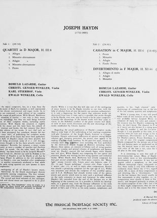 Romulo Lazarde, Christl Genser-Winkler, Karl Stierhof, Ewald Winkler, Joseph Haydn : Quartet in D Major, H. III:8 / Cassation in C Major H. III:6 / Divertimento in F Major H. XI:44 (LP, Album)